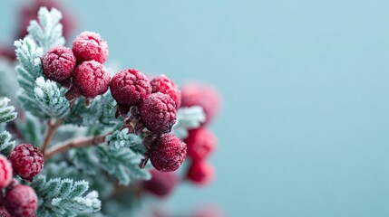 Frozen berry clusters and frosty greenery on pale blue backdrop, cool-light setup with generous negative space