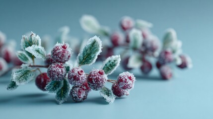 Frozen berry clusters and frosty greenery on pale blue backdrop, cool-light setup with generous negative space
