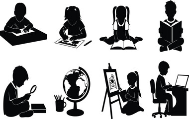 Silhouette of children studying, reading books, drawing, learning, using computer, creative education concept, school activity, knowledge, discovery, imagination, classroom illustration