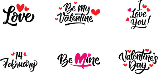 Valentine’s Day Romantic Lettering Set – Love Quotes, Calligraphy Phrases, and Heart, vector illustration