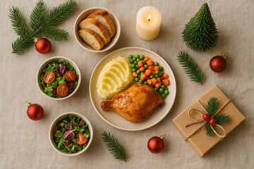 A Festive Feast Featuring Roasted Chicken, Creamy Mashed Potatoes, Fresh Vegetables, and Holiday Décor for a Cozy Celebration