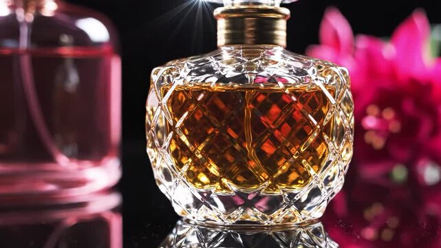 Close up of ornate amber perfume bottle next to pink fragrance