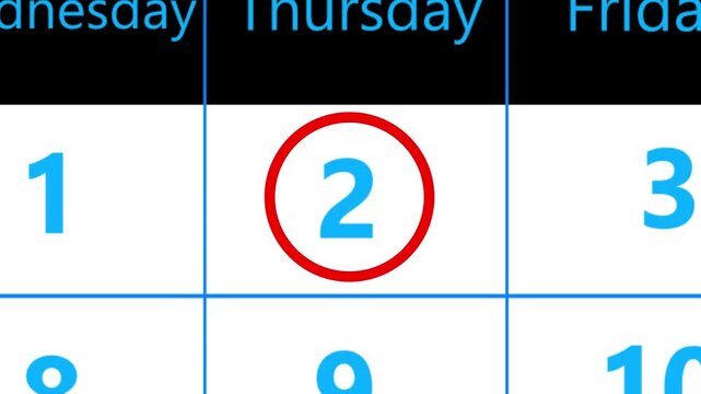 Calendar of april month 2nd day is red circled,looped animation.A very important date in the calendar.Signing a day on a calendar.