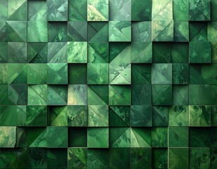 Emerald mosaic pattern of squares and triangles, creating a textured, tessellated surface in various shades of green