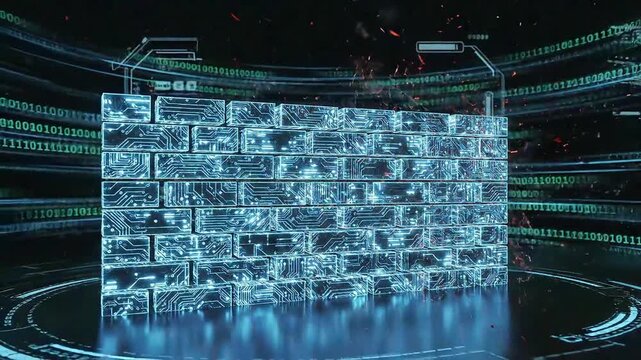 Firewall protection animation showing digital brick wall destruction, ideal for technology, cybersecurity, digital security concepts in videos, presentations.