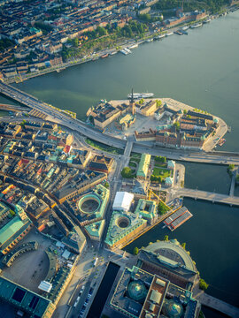 Aerial View Over Stockholm City at Golden Hour Summer Sunset