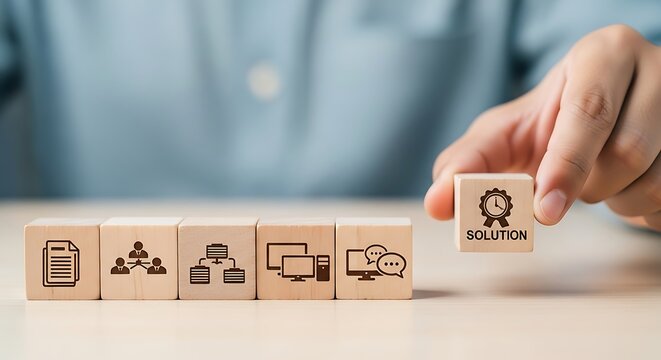 Hand placing wooden block with solution icon and text to complete business process flow chart made of icon blocks