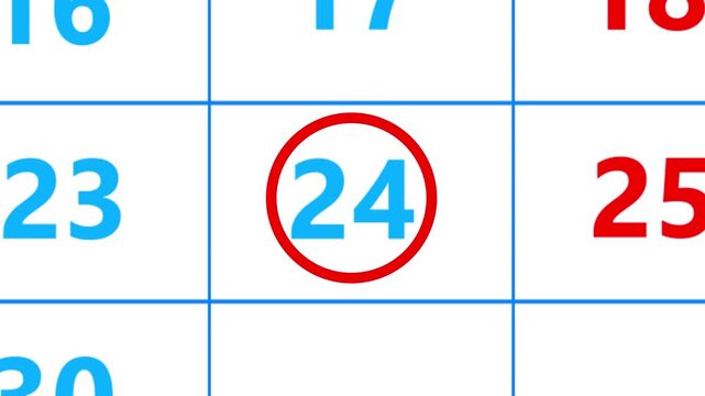 Calendar of april month 24th day is red circled,looped animation.A very important date in the calendar.Signing a day on a calendar.