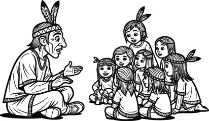 Native American Storytelling Session with Children Illustration Black and White