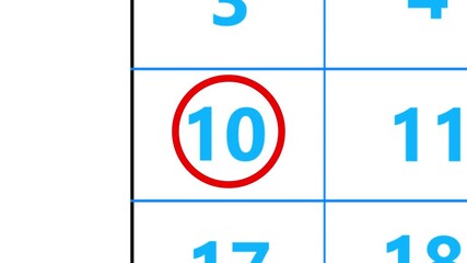 Calendar of may month 10th day is red circled,looped animation.A very important date in the calendar.Signing a day on a calendar.