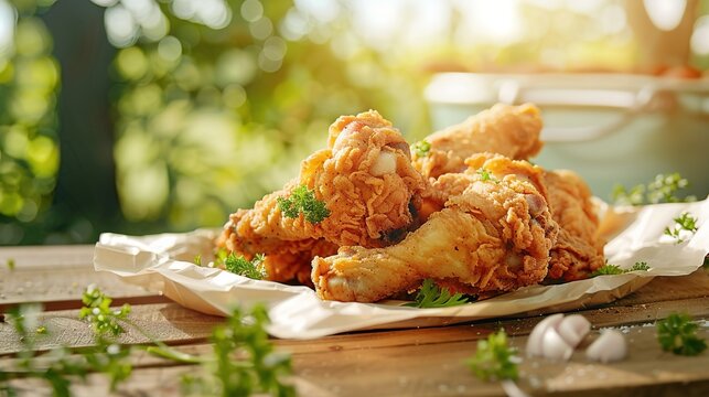 Crispy fried chicken drumsticks on rustic picnic table with golden breading and herbs
