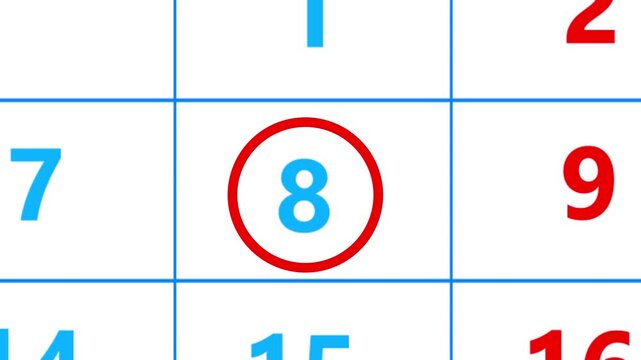 Calendar of may month 8th day is red circled,looped animation.A very important date in the calendar.Signing a day on a calendar.