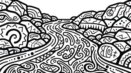 Doodle art illustration showcasing a river winding through mountains, black and white