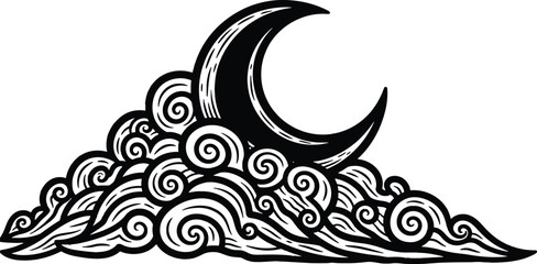 Fototapeta premium Stylized crescent moon nestled within billowing, swirling clouds design
