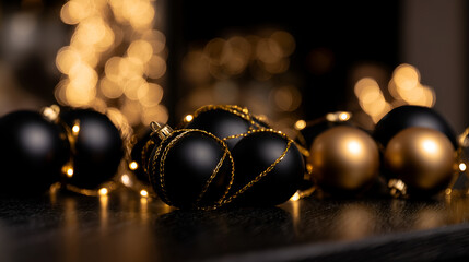 Fototapeta premium Close-up Christmas decor with ornaments, branches, lights, and festive details, perfect for holiday mood shots and styled scenes.