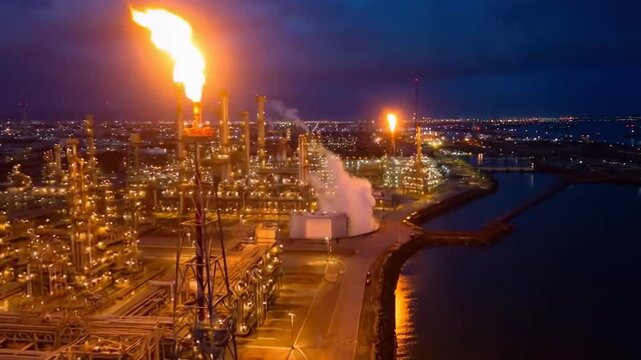 Stunning Aerial View of an Industrial Complex at Night, Featuring Illuminated Gas Towers, Flickering Flames, and a Picturesque Waterway Reflecting City Lights