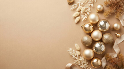 champagne gold ribbon and ornaments on soft neutral background