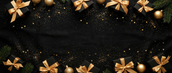 minimal black gift box with gold ribbon on charcoal background