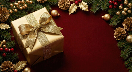 luxury red gift box with glitter ribbon on deep red background