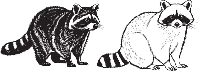 Detailed black and white raccoon art with pen sketched style, raccoons in black and white engraving style wildlife illustration mammal art,