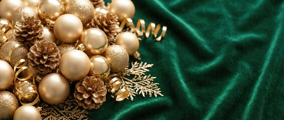 gold and champagne ornaments on green background