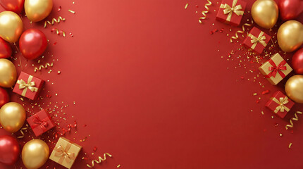 Red and gold New Year background with shiny balloons empty center space for text