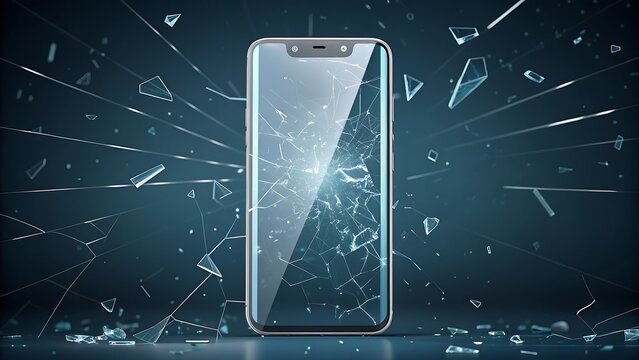Shattered smartphone screen dramatically breaks against dark digital background concept