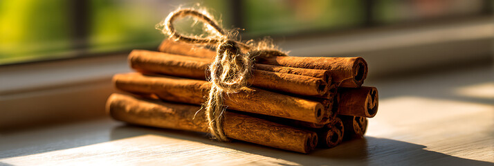 Bundle of cinnamon sticks tied with rustic twine resting on a surface with warm sunlight and shadows, evoking feelings of autumn, spice, and holiday cooking.