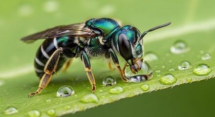 Iridescent green sweat bee drinking water droplet extreme macro on leaf