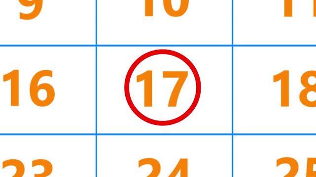 Calendar of june month 17th day is red circled,looped animation.A very important date in the calendar.Signing a day on a calendar.