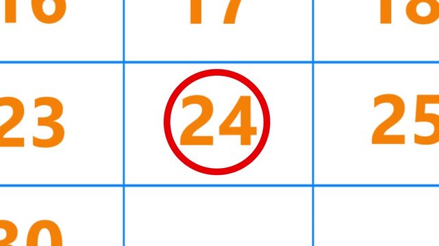 Calendar of june month 24th day is red circled,looped animation.A very important date in the calendar.Signing a day on a calendar.