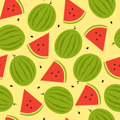 Hand drawn seamless pattern with watermelons. Simple summer background with slices and whole fruit. Vector illustration