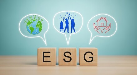 Wooden block spelling esg concept with speech bubbles showing globe, team success, and home care for sustainability strategy