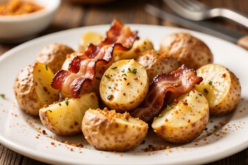 Potato and Bacon Delight: A plate is filled with golden-brown potatoes and crispy bacon, garnished with herbs and spices. Perfect for a delicious meal or snack.
