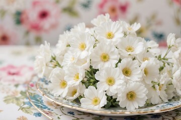 Blossom Beauty: A captivating collection of pristine, white blossoms arranged elegantly on a delicate plate, set against a backdrop of soft floral patterns.
