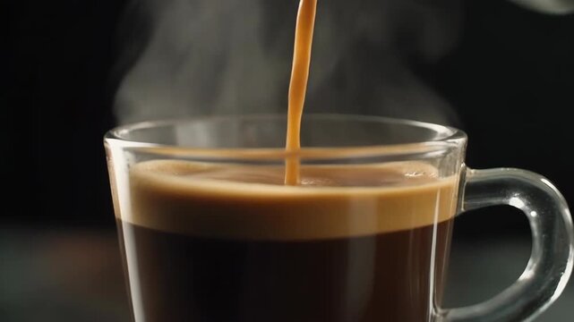 A stream of freshly brewed hot espresso pours into a transparent glass cup, creating a rich layer of golden crema on the dark coffee