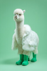 Naklejka premium An alpaca dressed in a fur coat and boots, charming winter holiday fashion look.