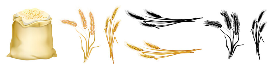 Wheat flour packaging with detailed vector illustration. A bag of flour and wheat with black. Flour icons set.