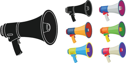 Collection of colorful and black megaphones for communication and announcements