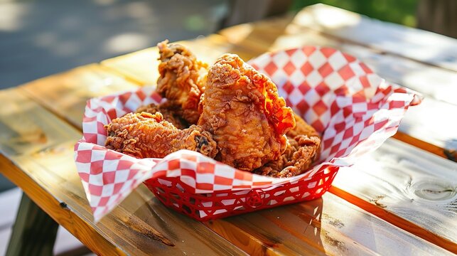 Crispy fried chicken in picnic basket on wooden table with golden breading and seasonings