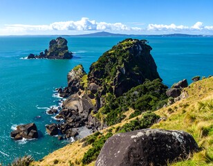 Scenic Coastal Landscape with Rocky Islands and Turquoise Water in Auckland,NZ