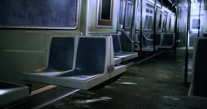 An abandoned subway train interior showcases vacant seats and a somber ambiance. The darkened space creates a haunting feeling of neglect and stillness at night.