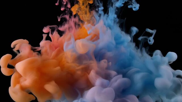 An abstract visual of vibrant orange and blue colored smoke clouds billowing and intertwining in a fluid dance against a stark black background
