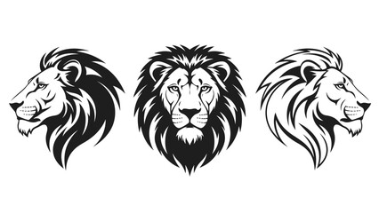 A powerful collection of three majestic lion head illustrations, featuring front and side profile views for logos or mascots