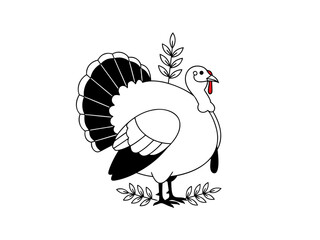 Simple black and white line art of a Thanksgiving turkey with its feathers fanned out, ideal for icons or illustrations