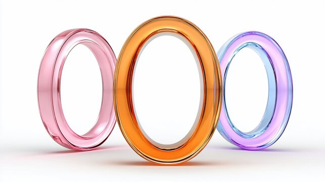 Three colorful glass rings with a glossy finish stand against a white background