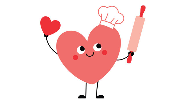 Cute heart character wearing a chef hat holding a rolling pin and a heart balloon