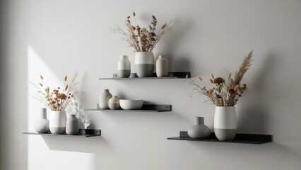 Minimalist Decorative Shelves with Dried Floral Arrangements in Ceramic Vases