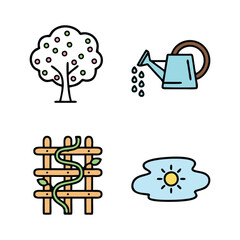 Gardening & Cultivation Icon Set: Fruit Tree, Watering Can, Trellis, and Water Reflection