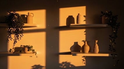 Warm golden hour light bathes a stylish minimalist interior, illuminating decorative shelves holding ceramic vases and green plants, creating artistic shadows on the wall